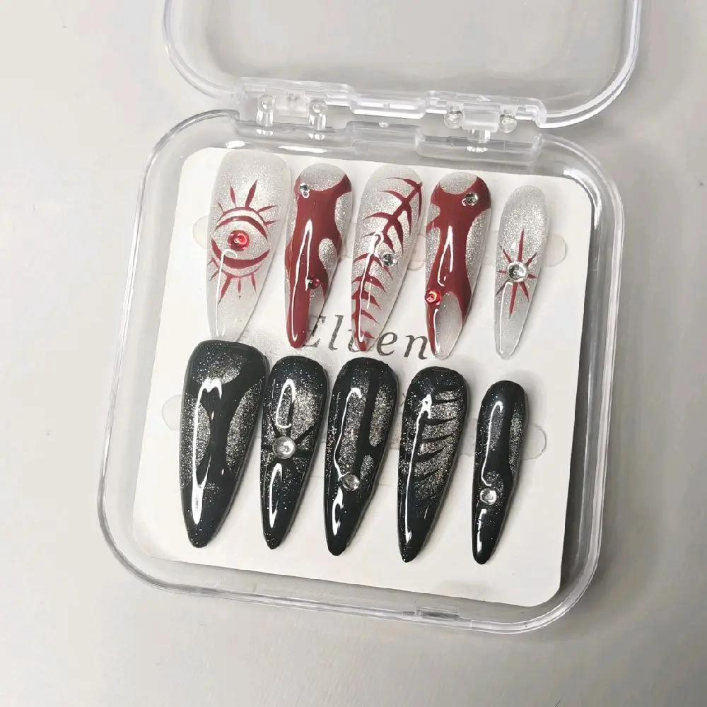 Red and Black Cat Eye Gothic Style Devil Eye Handmade Y2K Stiletto Press On Nails with Unique Eye Design and Sparkling Accents