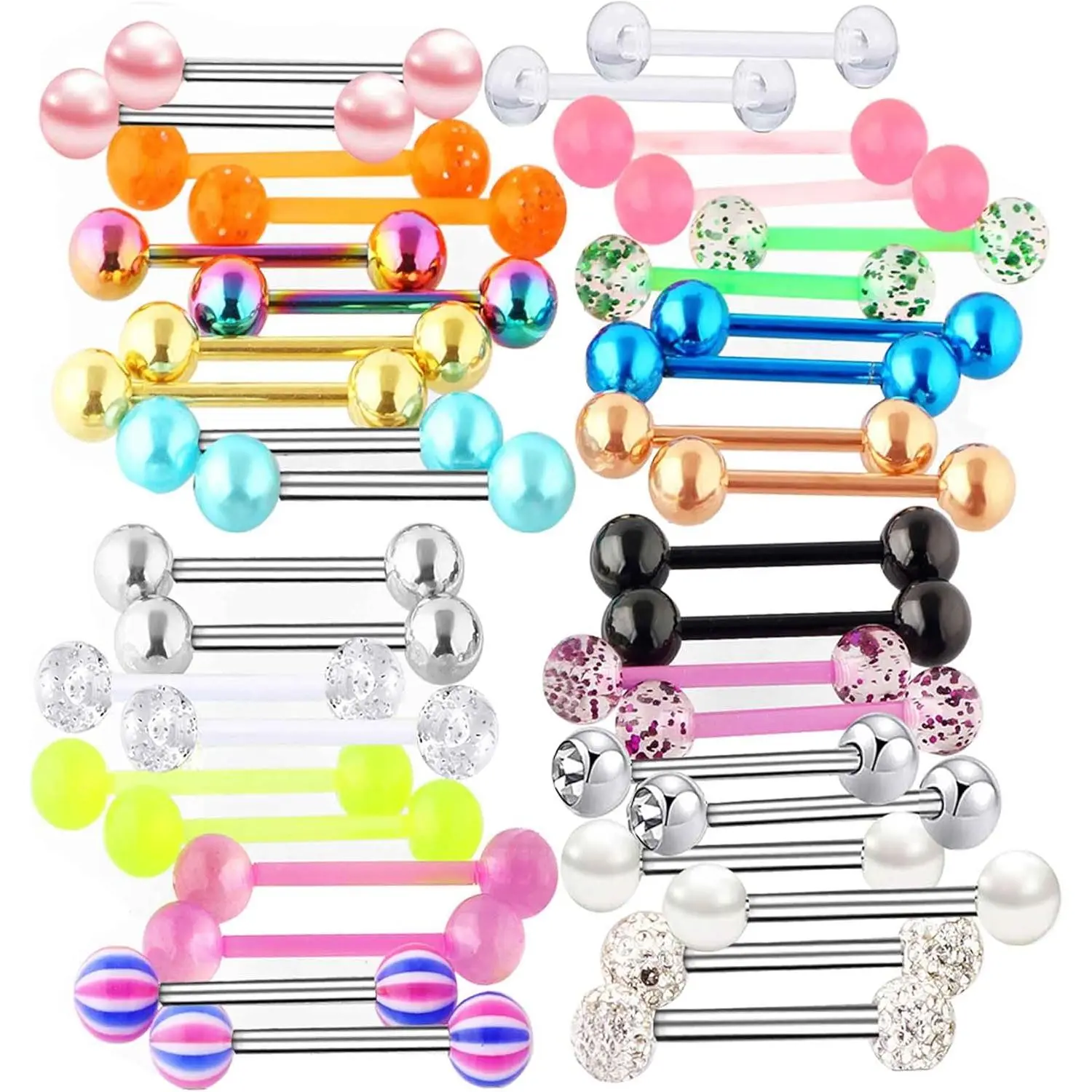 40 count 14G Tongue rings For Women Stainless Steel Straight Tongue Barbell UV  Plastic Tongue   Nipple Piercings 5/8" Glow in Dark Flexible Retainer   for Men