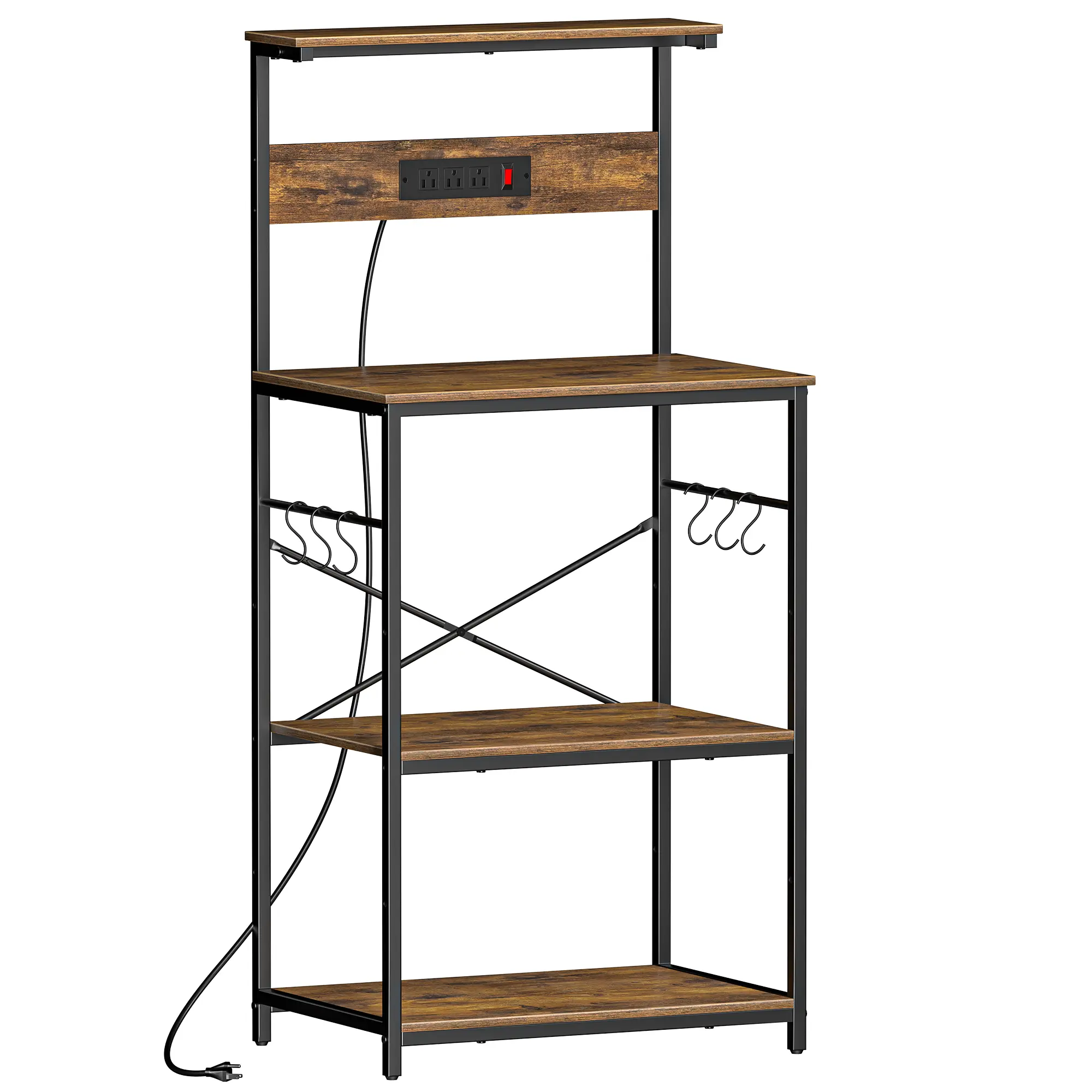 VUSIGN Kitchen Bakers Rack with Power Outlet, 4 Tiers Microwave Stand with Storage, 23.6 Inch Coffee Bar Station with 6 S Hooks, Adjustable Shelf Rack for Pots/Pans/Spices, Rustic Brown/Black/Gray