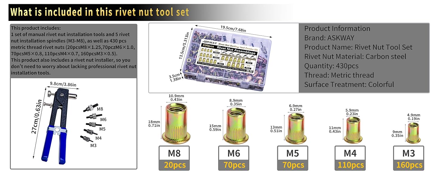 Pressure Rivet Nut Tool Kit, 430Pcs Metric Rivet Nut Combination (M8/M6/M5/M4/M3), Suitable for Furniture, Decoration, Automotive, Marine and Industrial Applications
