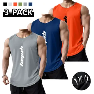 3-pack — men’s casual sports tank tops, breathable fitness shirts, sleeveless running training T-shirts for outdoor workouts; men’s tops made of polyester, suitable for summer fitness, outdoor activities, and casual wear.