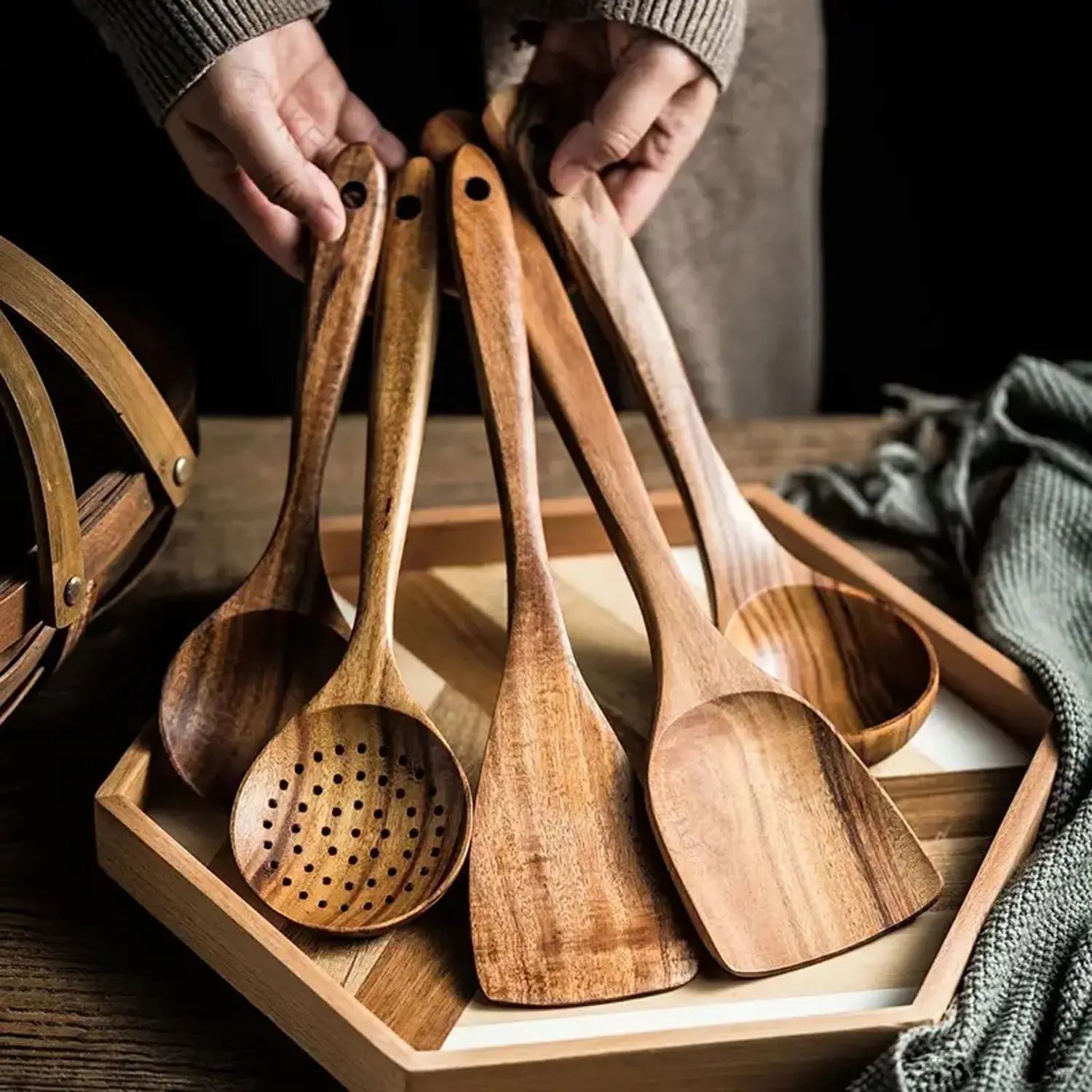 5-Piece Wooden Pattern Cooking Spoon & Ladle Set, Boho Osier Kitchen Cooking Utensils Seth