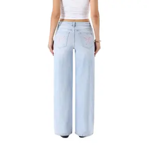 ONESO Women’s Light Blue Jeans with Red Embroidered Back Pockets Casual Womenswear For All Season
