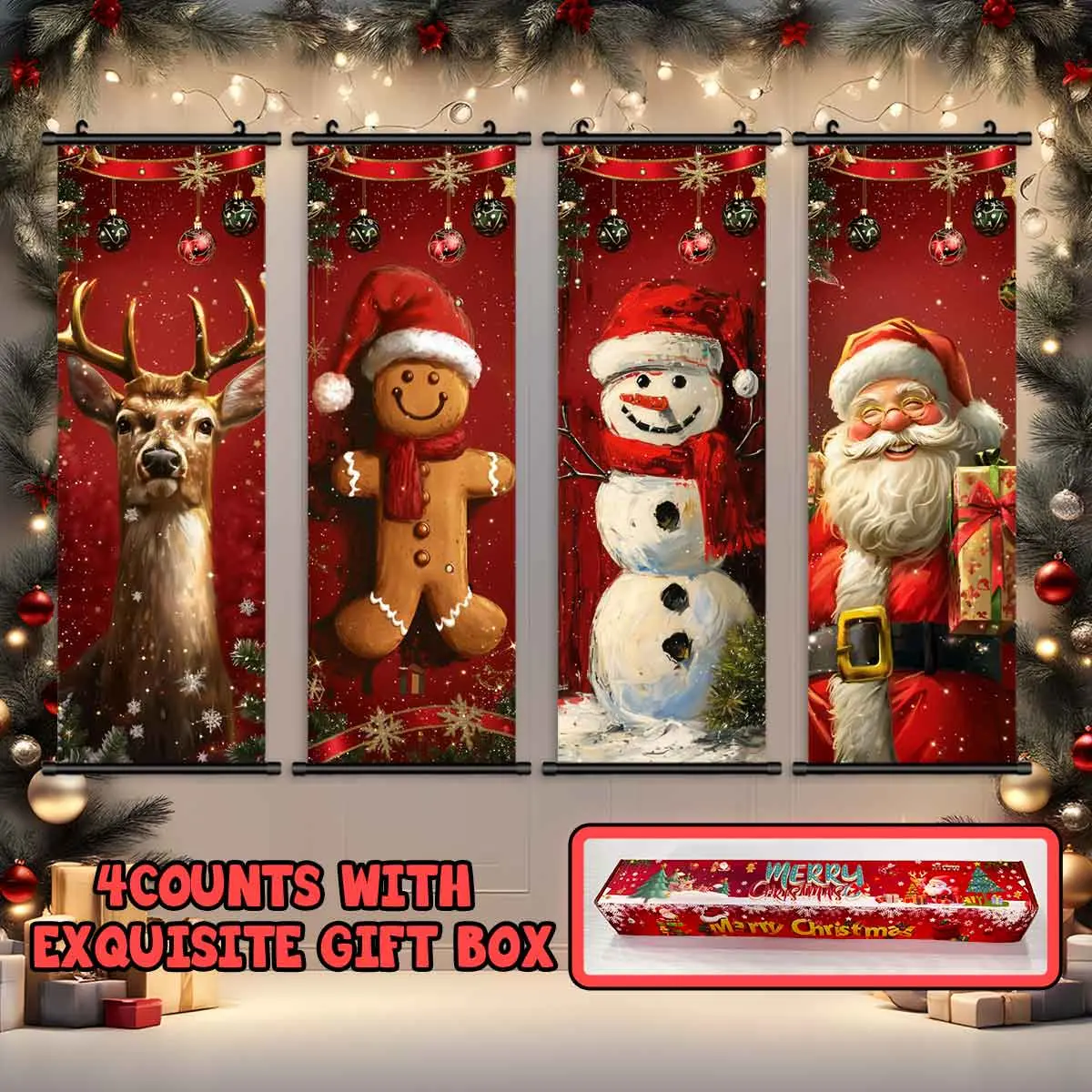 4-Piece Christmas Wall Art Set, Theme Posters, Modern Home Decor, Waterproof HD Prints, Gift Box Packaging, Perfect Party Atmosphere