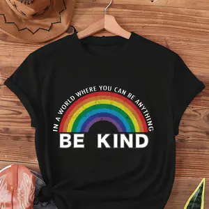 Distressed “Be Kind” Gay Pride LGBT print T-shirt, short-sleeve crew neck casual top for summer and spring, women’s classic sweatshirt