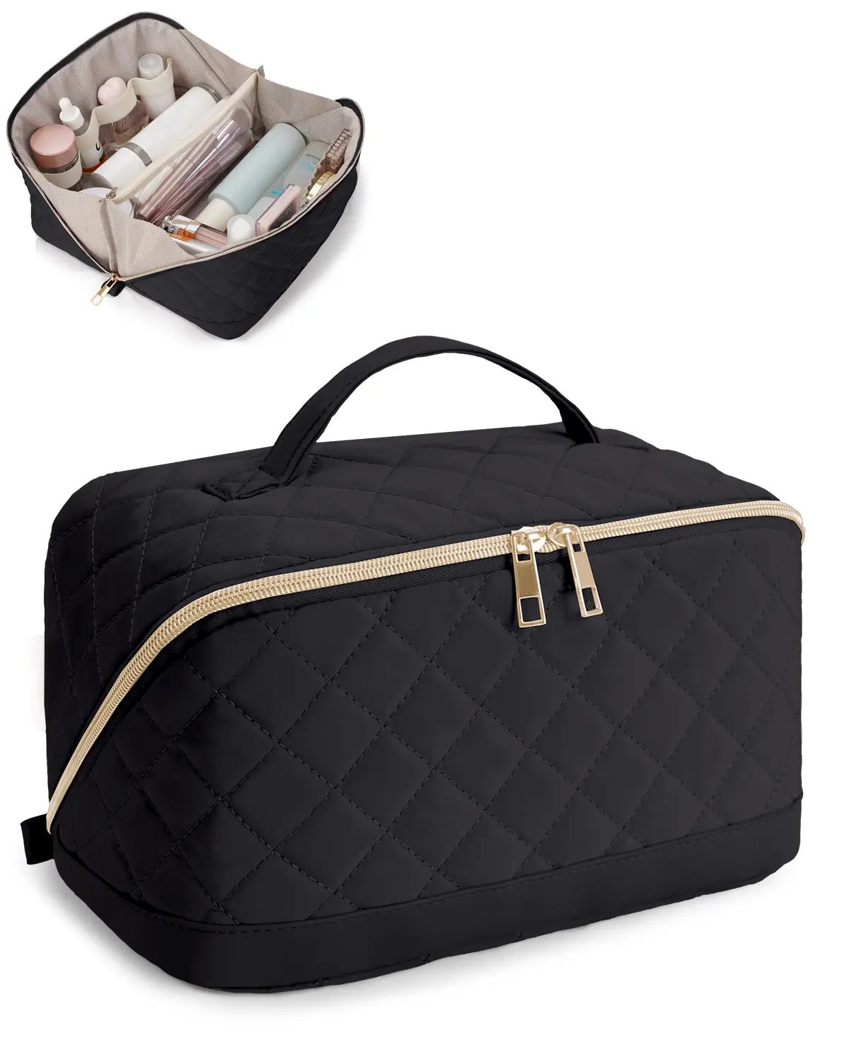 Wandering Nature Travel Makeup Bag,Travel Make up Bag with Large Capacity,Quilted Makeup Organizer Bag, Open Flat Travel Toiletry Bag for Women Cosmetic Bag with Divider and Handle,Patent Pending