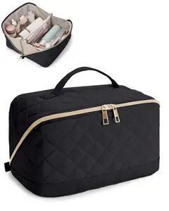 Wandering Nature Travel Makeup Bag,Travel Make up Bag with Large Capacity,Quilted Makeup Organizer Bag, Open Flat Travel Toiletry Bag for Women Cosmetic Bag with Divider and Handle,Patent Pending