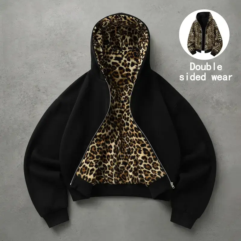 Men’s reversible leopard-print hooded sweatshirt – vintage casual cropped jacket, suitable for streetwear, everyday outings, and holiday leisure