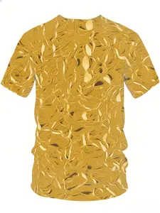 Men'S 3D Digital Printed Short Sleeve T-Shirt, Abstract Golden Swirl Molten Metal Graphic Tee, Lightweight Cool Breathable Polyester Crew Neck, Ideal for Daily Casual Wear And Gifting.S-3XL