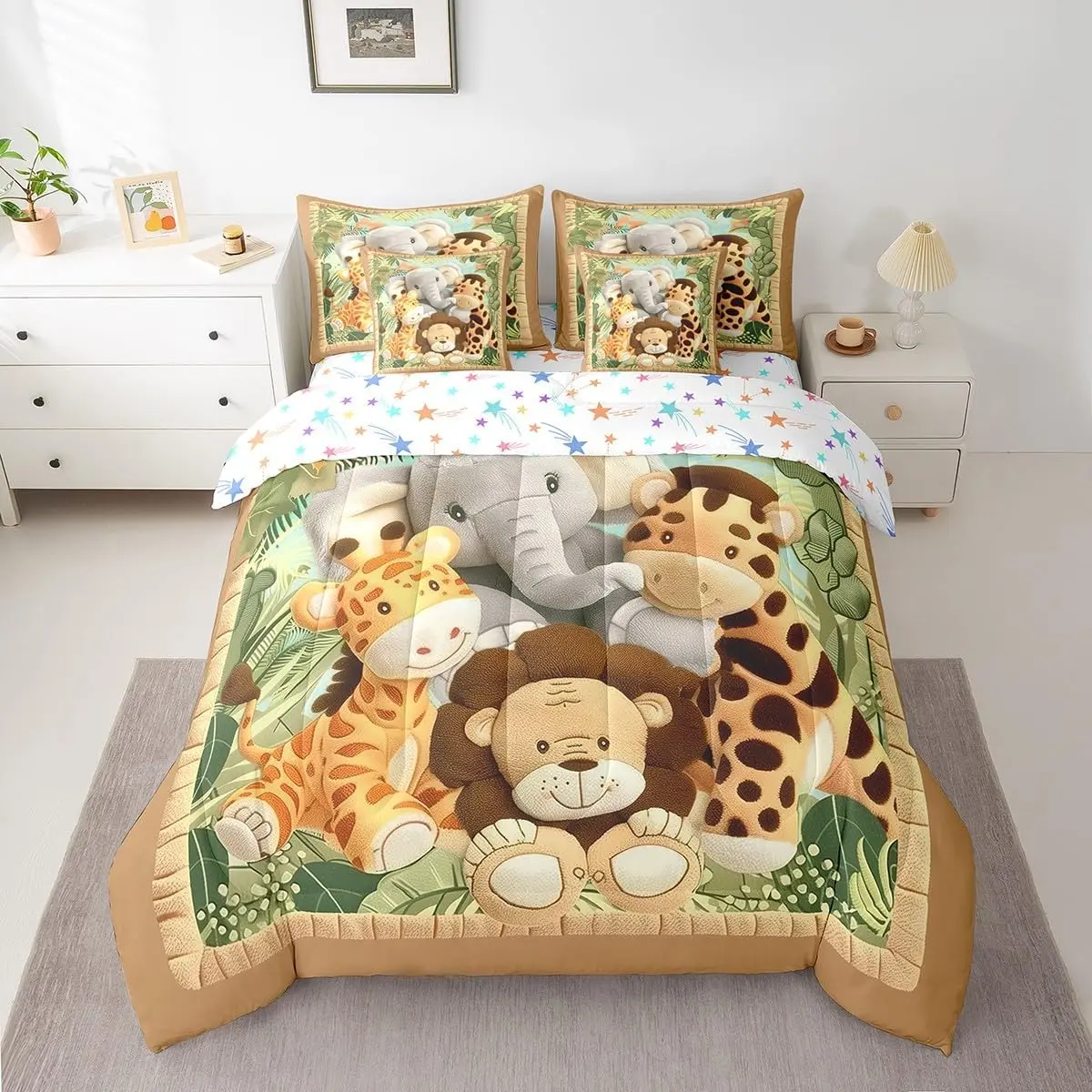 Cartoon Animal Comforter Set with Sheets Tiger Bed in a Bag Elephant 7 Pieces Bedding Set Bedroom Decor Lion Bed Set Elephant