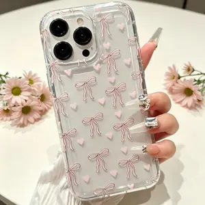 New Pink Bow Covered Transparent Air Cushion Phone Case Suitable for iPhone17 16 15 14 13 12 11 X XS XSMAX pro max Series Soft Shell Mobile Phone Case - Easter, Christmas, Halloween Gift Ideas, suitable for her, him, friends or yourself