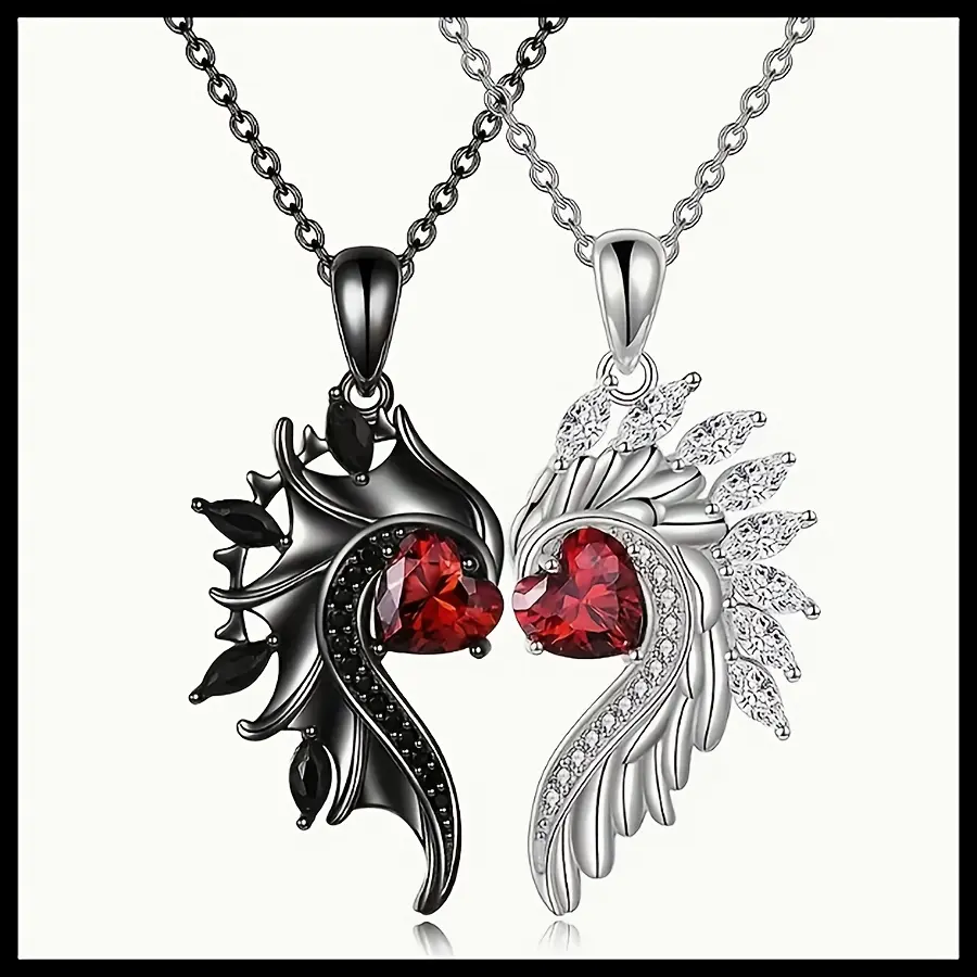 2pcs/set Couple Red Heart Black and Silvery Feather Wings pendant necklace Set Valentine's Day Jewelry gift