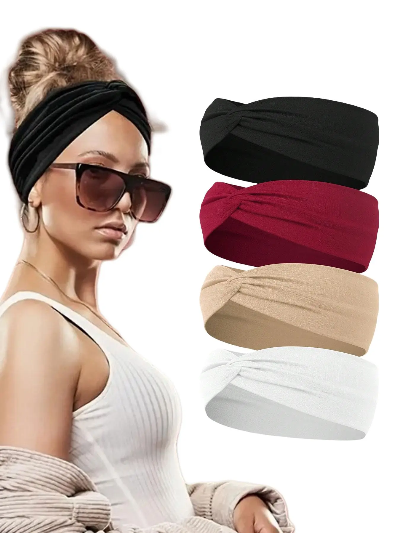 4-piece women's elegant solid color knotted headband set, with forehead bangs arranged for face washing and hair pressing, suitable for daily, party, and travel hair accessories, Fashion headbands, Hairbands