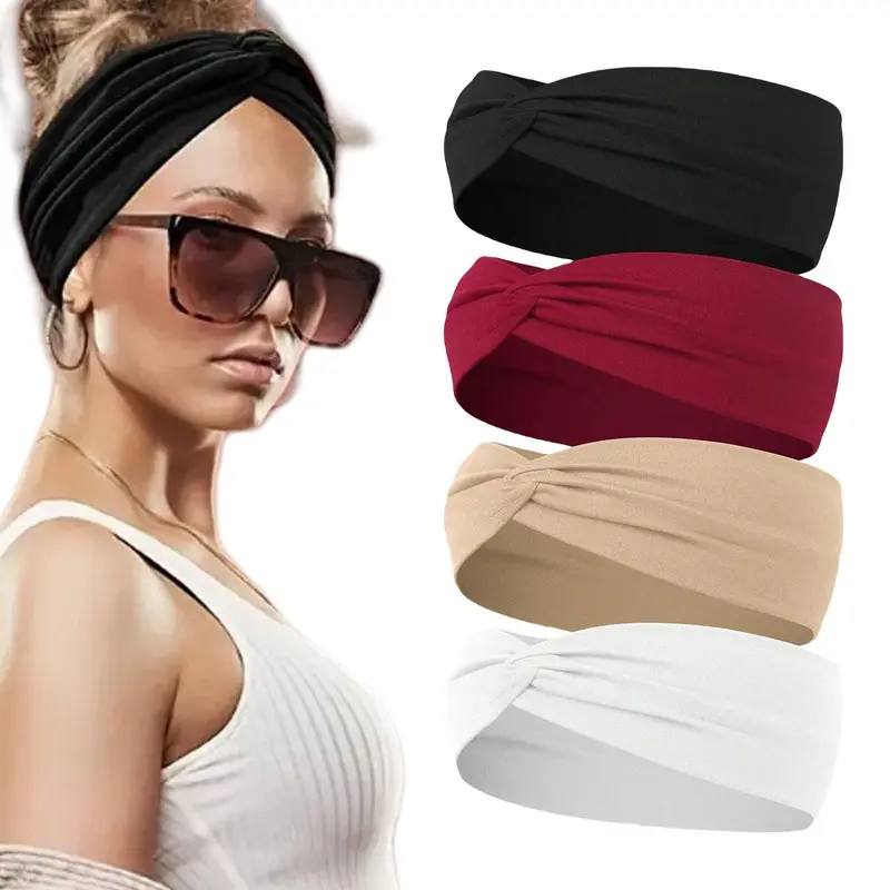 4-piece women's elegant solid color knotted headband set, with forehead bangs arranged for face washing and hair pressing, suitable for daily, party, and travel hair accessories, Fashion headbands, Hairbands
