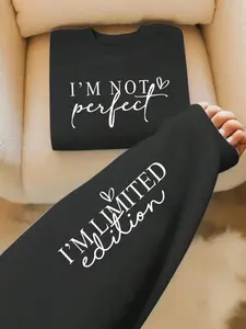 Women's Slogan & Heart Print Drop Shoulder Sweatshirt, Casual Cozy Sweatshirt, Graphic Sweatshirts, Casual Long Sleeve Round Neck Pullover for Fall & Winter, Women's Clothes for Daily Wear