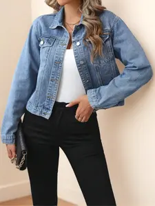 New Style Aesthetic Womenswear Casual Denim Jacket Outerwear with Short Front Placket Button Fitted All-Purpose Long-Sleeved Top