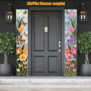 Vintage Spring/Summer Flower Butterfly Welcome Banner Couplet, Decorative Banner, Polyester Material, Spring Garden Tulip Porch Couplet Decoration, Suitable for indoor, outdoor, party and seasonal decoration
