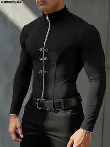 INCERUN Men's Metal Buckle Pure Color Knit Zipper Half High Neck Sporty Long Sleeve T-Shirt, Athletic Style Activewear, Casual Daily Wear, Perfect for Sports, Gym Athletic Clothes