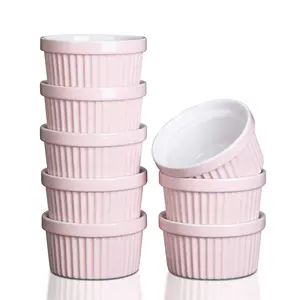 Garvee 8 Oz Ceramic Ramekins, Set of 8 Porcelain Creme Brulee Souffle Ramekins for Baking, Pudding Custard Cups, Dipping Sauces, Dishwasher and Oven Safe, White Pink