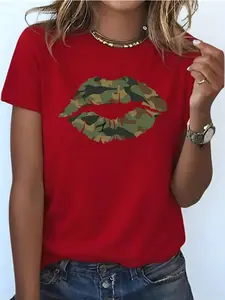 Camo Lips T-Shirt: Women's Camouflage Kiss Graphic Tee - Military Print Casual Top