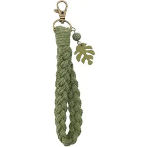 Macrame Boho Keychain Bracelet with Tassels Palm Leaf Charm Handmade Wristlet Keychain Keyring Holder for Women