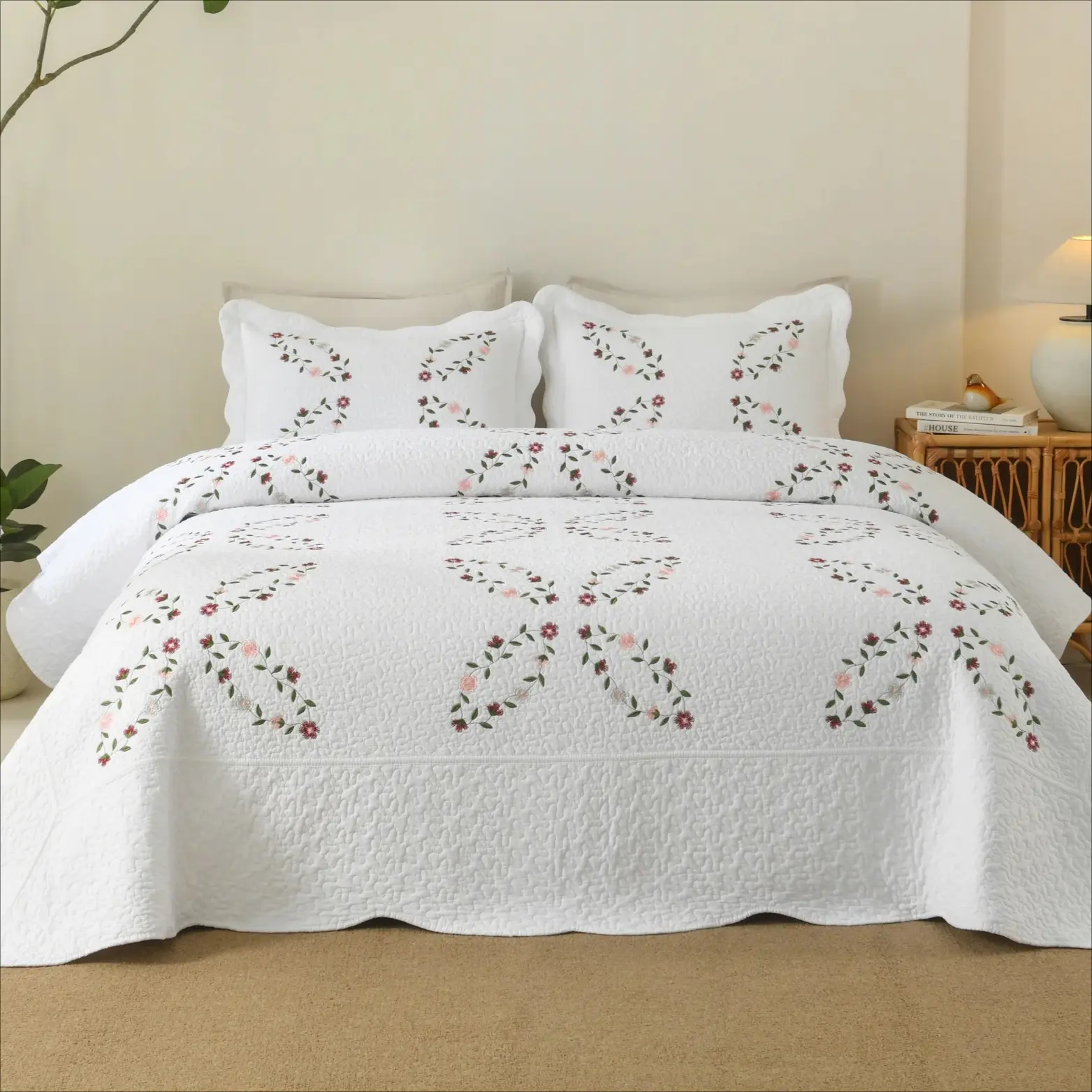 3 Piece 100% Cotton Cover Floral Vine Embroidered Cottage Quilt Bedspread Set ME526