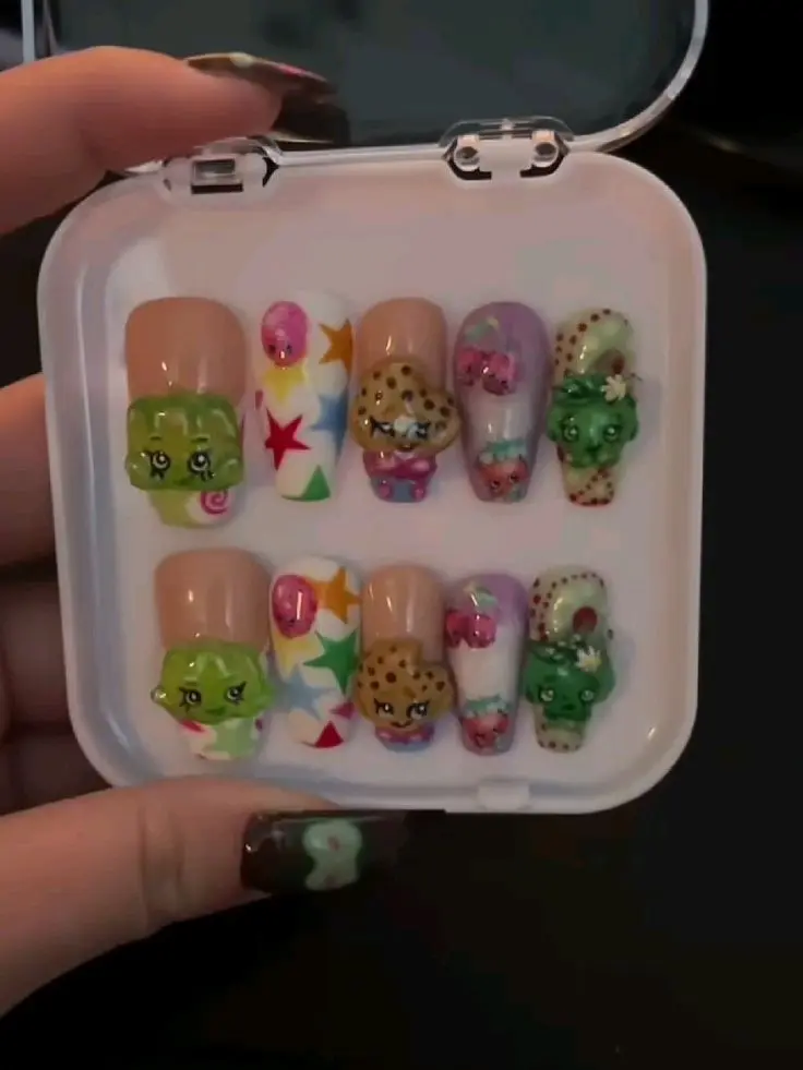Handmade Shopkins Inspired Press On Nails, 3D Cartoon Character Acrylic Nails, Kawaii Candy Dessert Nails, Colorful Harajuku Glue On Nails with Gift Set (Adhesive Tabs, Nail File, Cuticle Stick)