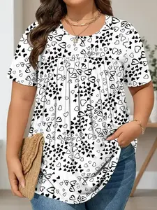 Plus Size Women's Casual Loose Heart Pattern T-Shirt, Womenswear Trendy Cute Round Neck Slim Fit Short Sleeve Top, Valentine's Day & Daily Wear