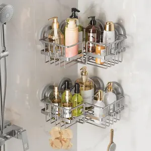 Corner-adaptive Suction Cup Shower Caddies 2 Pack, Stainless Rustproof Corner Shower Shelf, Large Capacity Removable Suction Cup Organizer,-Free Wall Mounted Basket, Gray