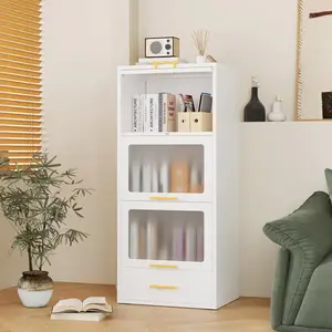 Display Storage Cabinet with 3 Flip-up Acrylic Glass Doors and 1 Drawer, 4-Tier Kitchen Pantry Cabinet, Freestanding Bakers Rack to Storage Small Microwave Spice Seasoning Bowl Cup Wine