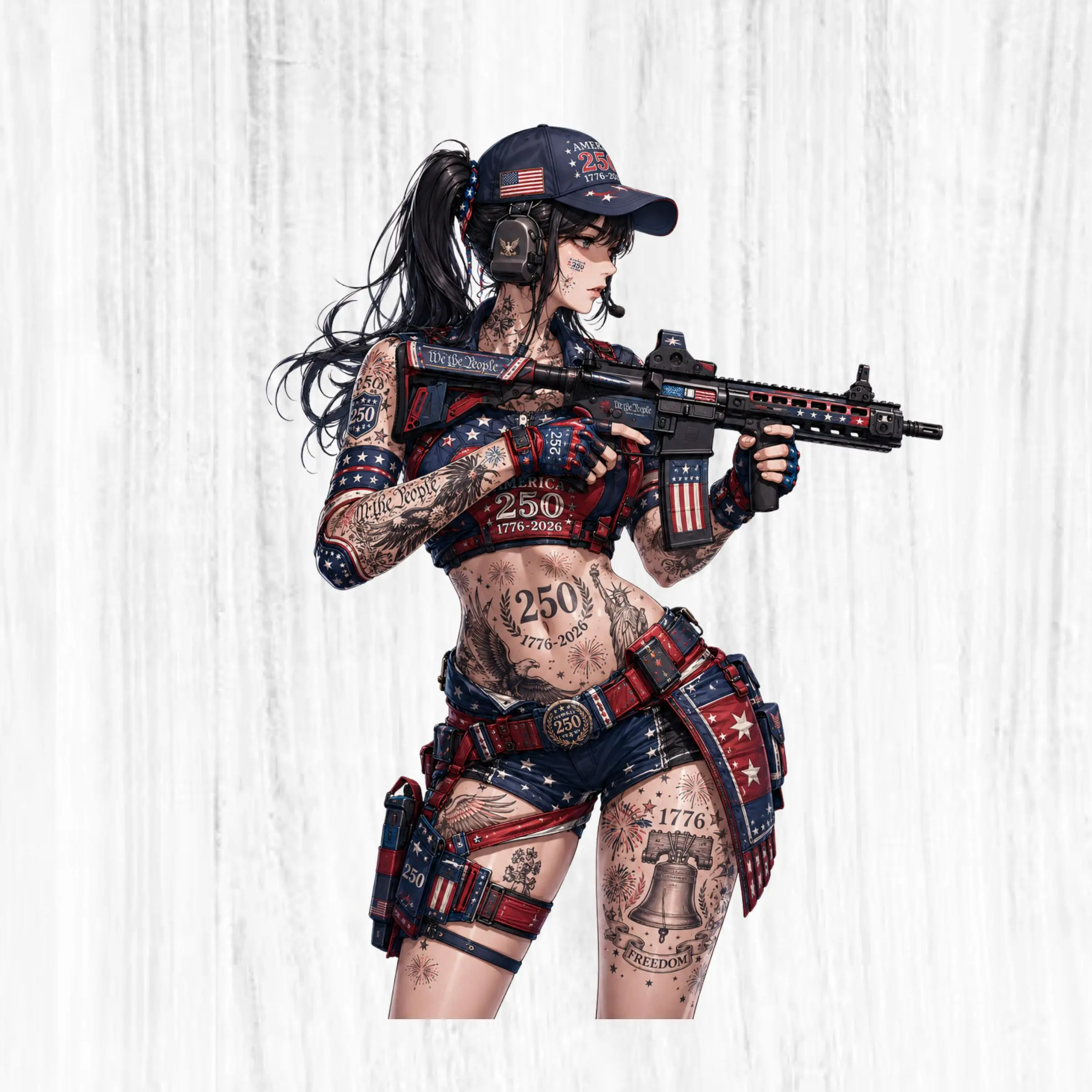 Black Hair Tactical Patriot Sticker, America 250 Anime Soldier Girl Decal, 1776–2026 Freedom Art for Bottle