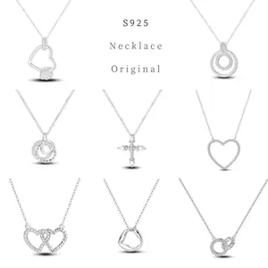 Shine Zircon Heart Necklace 925 Silver Original Cross Circle Chain Link For Women Wedding Anniversary Jewelry Party Fine GIft