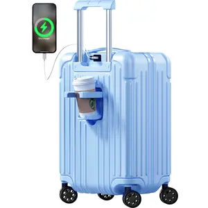 Carry on Luggage USB Suitcases with Spinner Double Wheels Cup Holder PC+ABS Hardside Luggage with TSA Lock