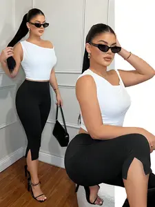 Women's Solid Color Y2K Side Split Capri Cropped Slim Pants, Summer Streetwear Slimming Stretch Casual Pants For Daily & Vacation Wear