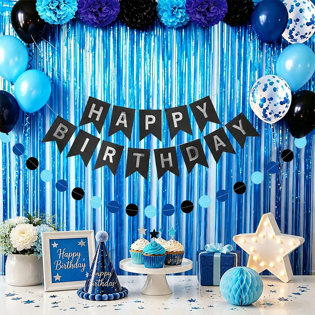 Blue & Black Happy Birthday Adult Multi-Item Party Supplies Set - Banner, Colorful Balloons, Navy/Royal/Light Blue Pom Poms, Foil Curtain Balloon Decor for 13th/16th/18th/20th/30th/40th/50th/60th/70th/80th Birthday Festive Gifts