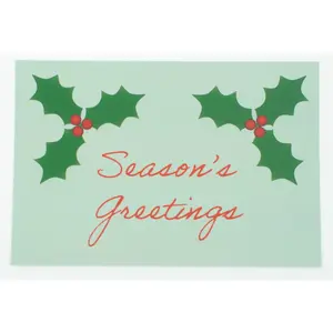 "Season's Greetings" - Holly Leaves - Holiday Flat Card - Postcard-Style Christmas Card with Envelope