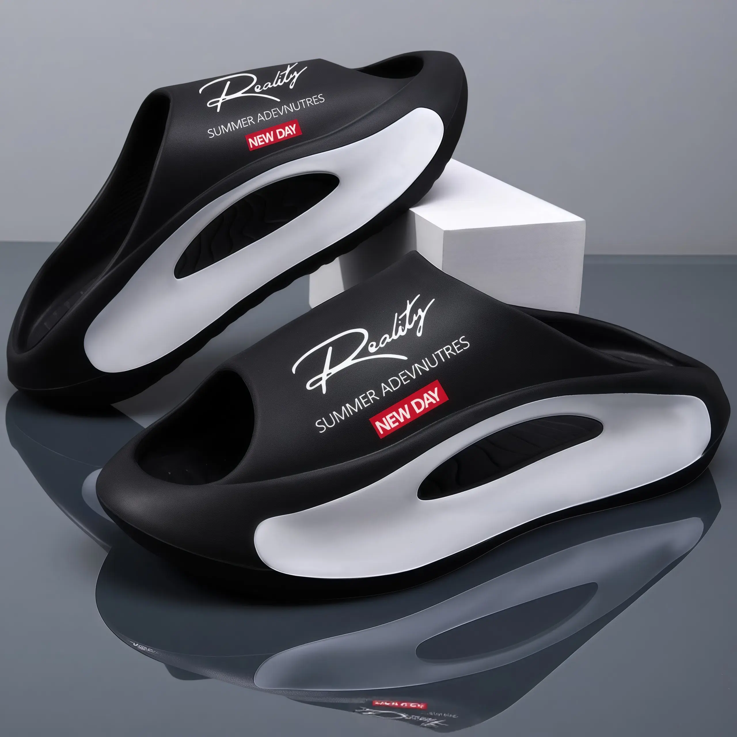 Summer Trendy Thick Sole Slippers Unisex Couple Non-Slip Beach Sandals Black White Letter Print Fashion Indoor Outdoor 【TikTok Hot】