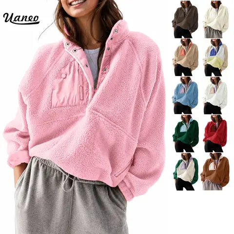 UANEO Women's Cropped Fleece Pullover Jacket Fuzzy Sherpa Sweatshirt Coat with Pockets Casual Long Sleeve Fall Winter Outerwear