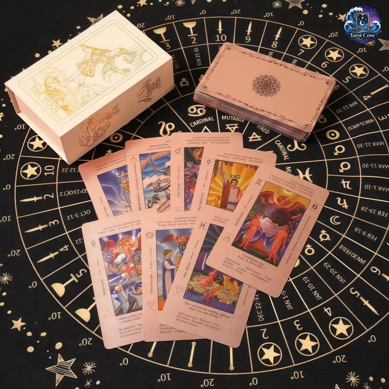 Tarot Cove Rose Gold Tarot Cards with Guide Book Waterproof Wrinkle Resistant Foil Tarot Deck for Beginners Includes Chakras Planets Zodiac Signs Elements & Affirmations