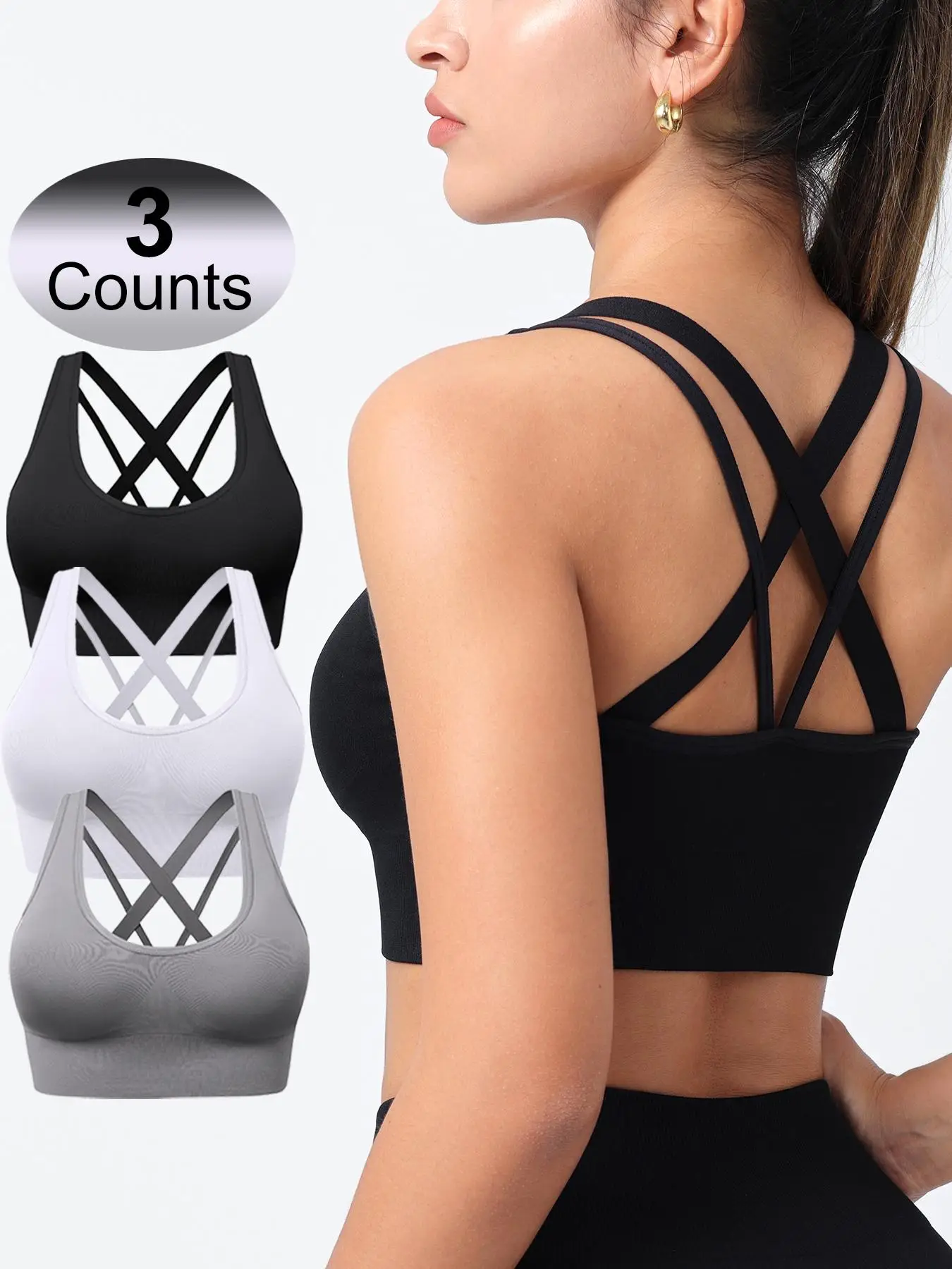Women's Solid Criss Cross Wireless Sports Bra, Breathable Comfortable Detachable Chest Pad Sports Bra for Yoga Gym Workout, Ladies Sportswear Clothin