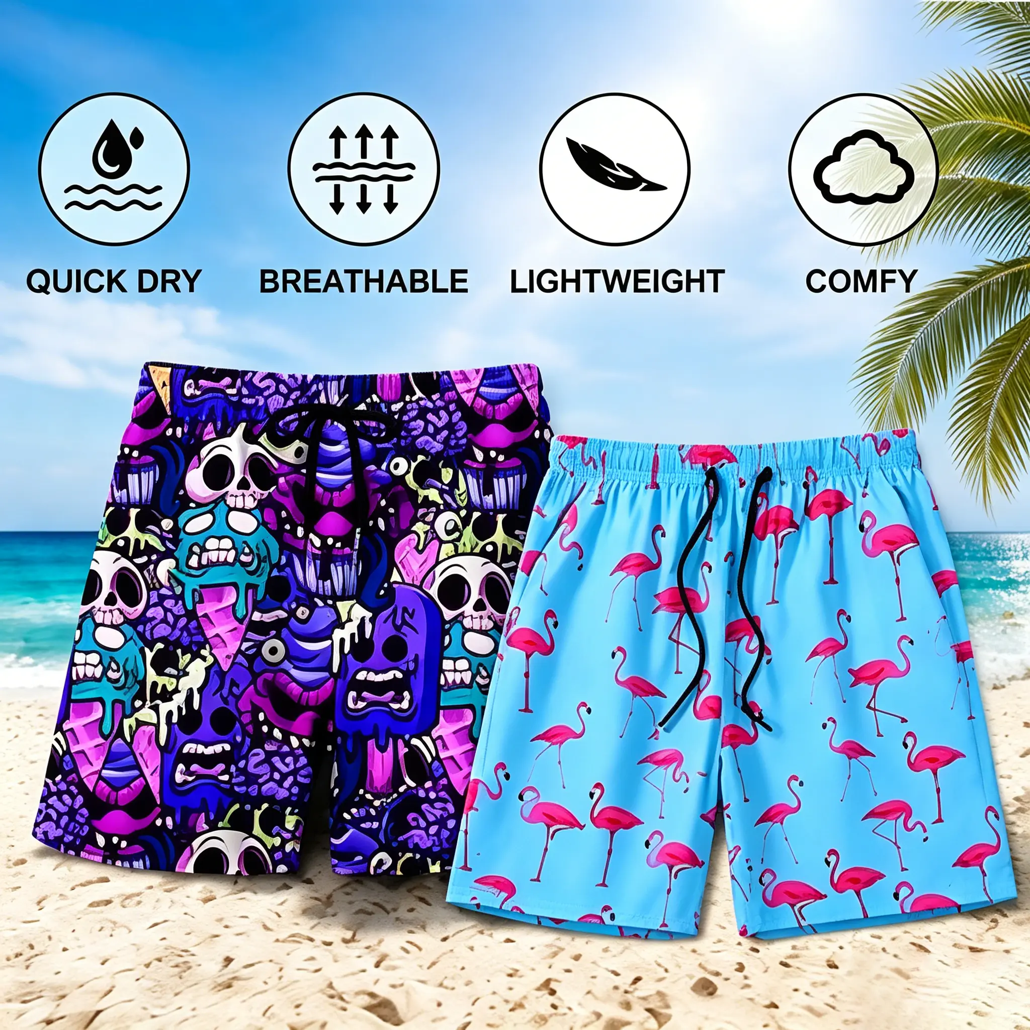 Men's 2-Pack Graphic Athletic Shorts with Pockets, Tropical Flamingo & Monster Print, Quick Dry Menswear for Casual Summer Beach Use