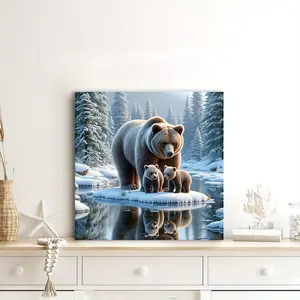 2D Flat Winter Wildlife Nature Canvas Art Print For Living Room Bedroom And Study Decor With Bear Family Scene On Ice Lake Reflection