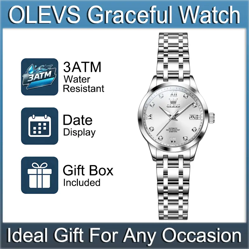 OLEVS 9946 Women's Automatic Self-Winding Mechanical Watch - 30mm Analog Dial, Polished Stainless Steel Wristwatch, Single Date Window, Luminescent Hands, 30M Water Resistant, Romantic Look Stainless Steel Jewelry for Daily Wear & Gifting