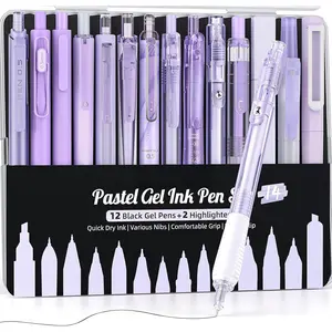 14Pack Pastel Gel Ink Pen Set,Cute Retractable 0.5mm Fine Point Pen,Note Taking Aesthetic Pens,12 Pack Black Ink Pens with 2 count Highlighter, Smooth Writing Pens for School, Office(Purple)