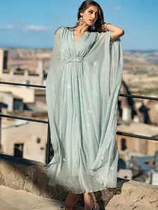 Elegant Light Blue- Dress, V-Neck & Waist Pearl Decor, Fitted, Flowy Butterfly Sleeves, Stylish Women's Fashion, Womenswear