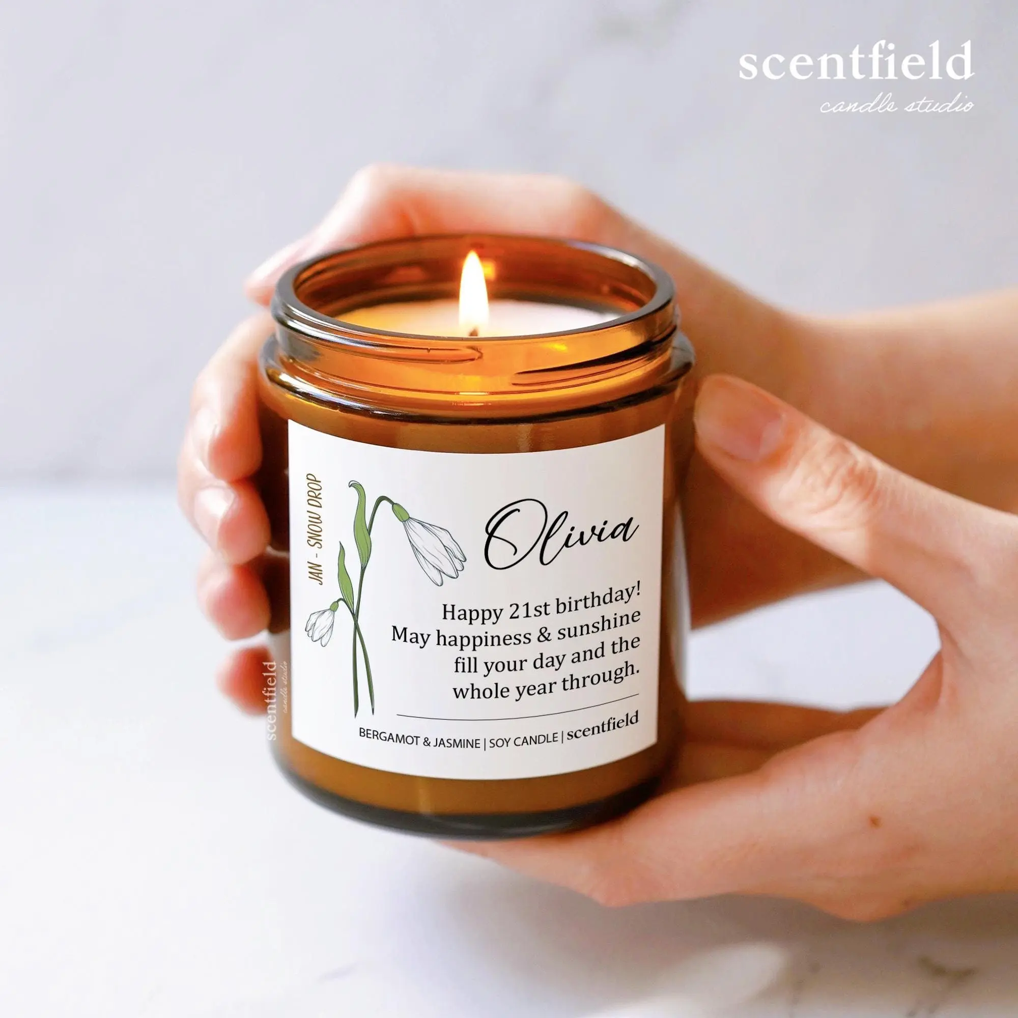 January Birth Flower Birthday Gift for Women, Personalized January Anniversary Gift Custom Daughter Name Soy Candle