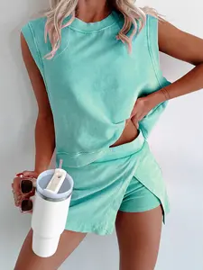 Women's 2 Piece Summer Outfits Vintage Wash Cotton Sleeveless Muscle Tank Top and Asymmetrical Wrap Skort Lounge Sets, Chic, Cropped