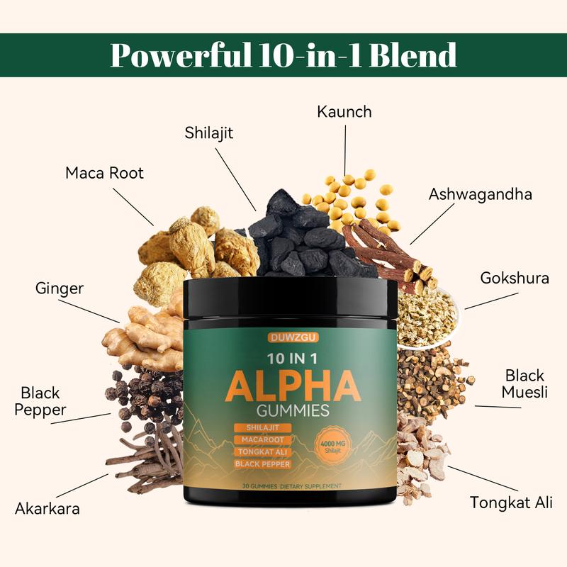 Alpha 10-in-1 Shilajit Gummies | Energy, Stamina & Focus | Ashwagandha, Tongkat Ali, Maca | Vegan| Zero Sugar