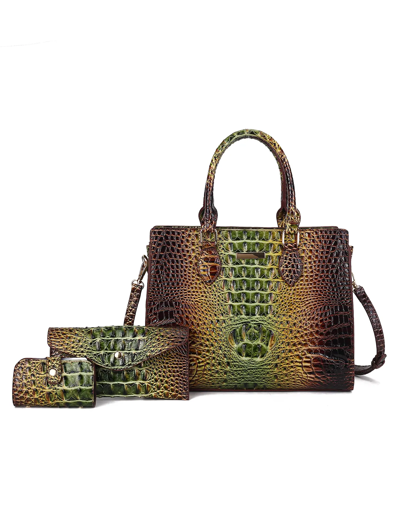 Women's 3-Piece Handbag Set, Gradient Crocodile Embossed Tote with Hands-Free Crossbody Purse & Card Holder, Glossy Top-Handle Satchel, Handbags For Women, Elegant, Stylish, Versatile, Glossy Look, Gradient Tone, Hands-Free Use, Keeps Cards Organized, Fas