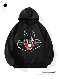 Classic Looney Tunes Bunny Print Hoodie, Casual Loose-Fitting Sweatshirt, Breathable for Daily Wear, Home and Outdoor Use